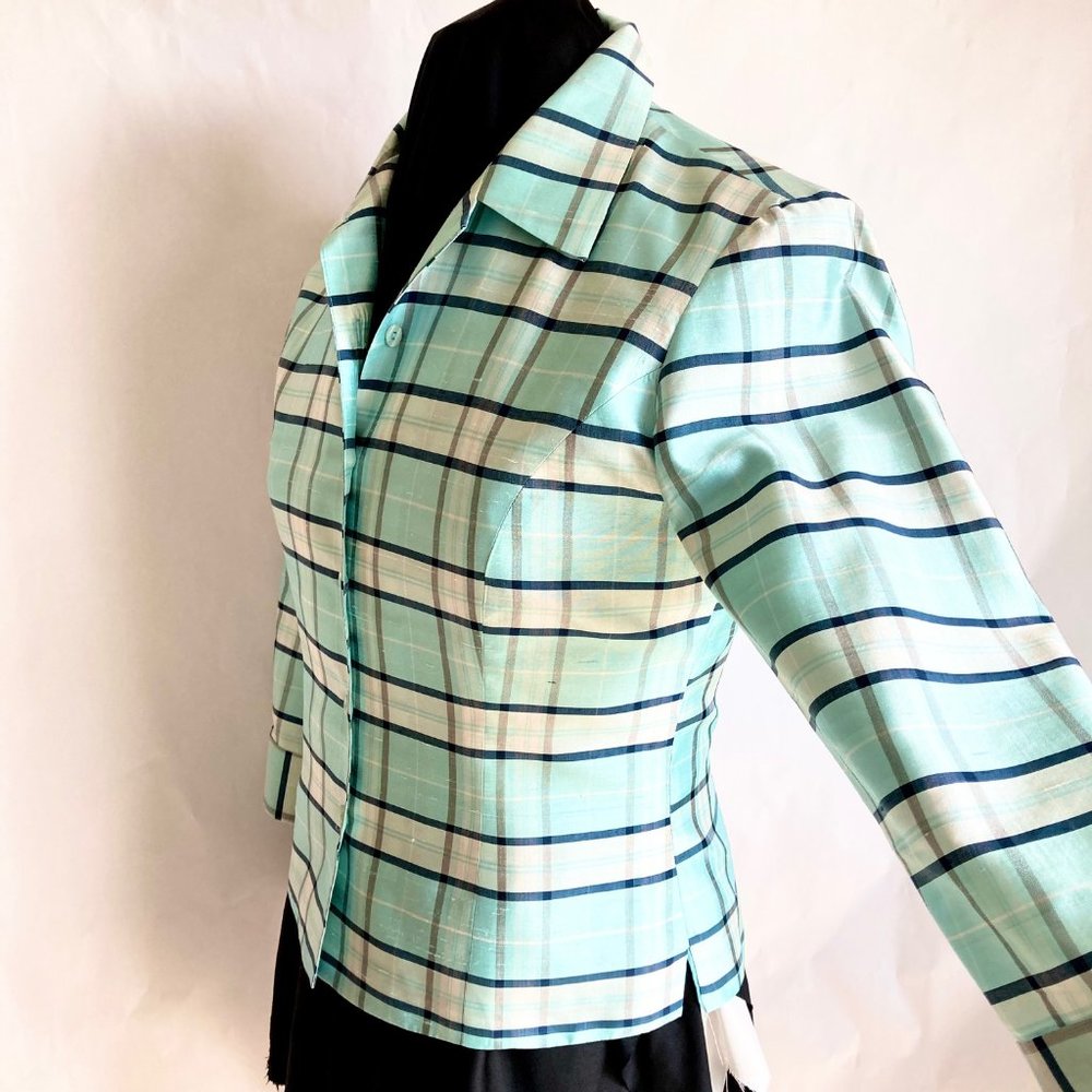 VTG ICE Silk Form Fit Blue White Plaid 3/4 Sleeve Collared Button Front Blouse M
